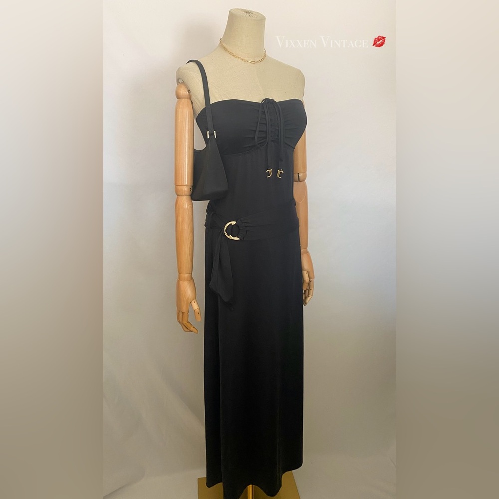 VINTAGE Y2K JUICY COUTURE 'BEACH ROYALTY' BELTED MULTI-WAY MAXI DRESS IN BLACK